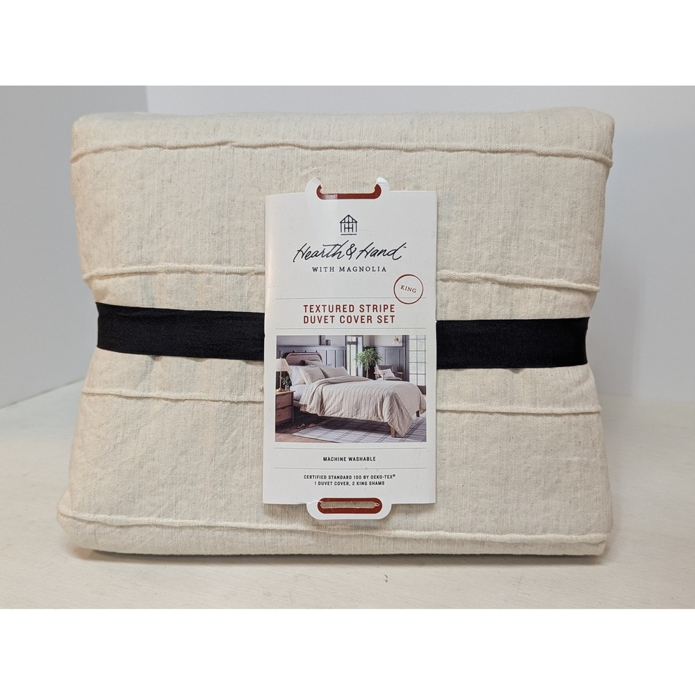 Hearth & Hand Magnolia King Textured Stripe Duvet Cover Set Cream Cotton Linen